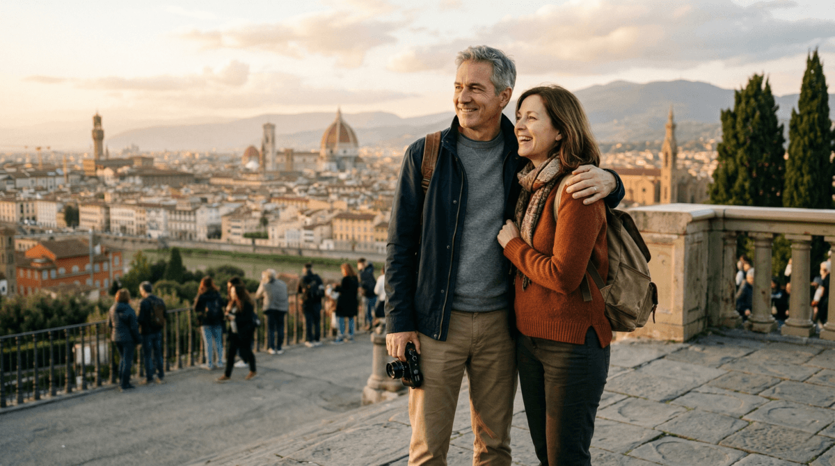 Couple Learning How To Afford Travel In Your 50S, Looking Out Over A Scenic Destination Together