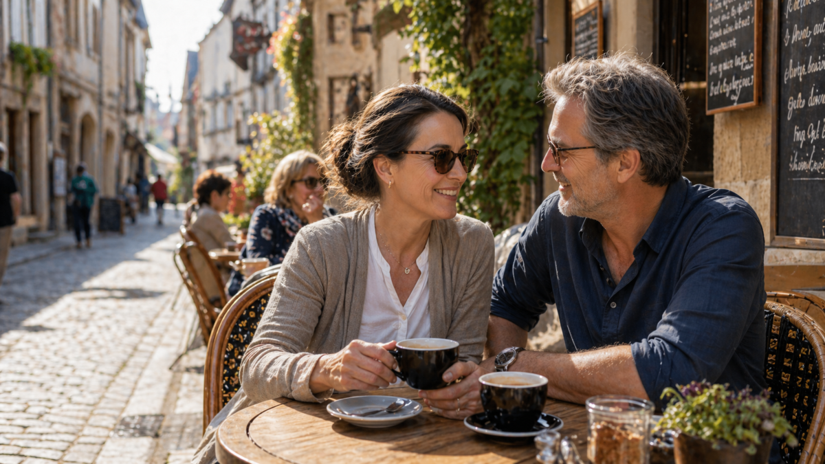 Couple Enjoying Coffee At A European Café, Luxury Travel On A Budget Tips For Travelers Over 50
