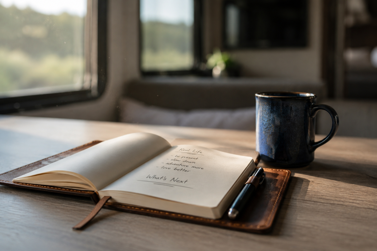 A Coffee Mug And Journal On A Desk, Creating The Quiet Mental Space Needed To Reinvent Life Over 40.