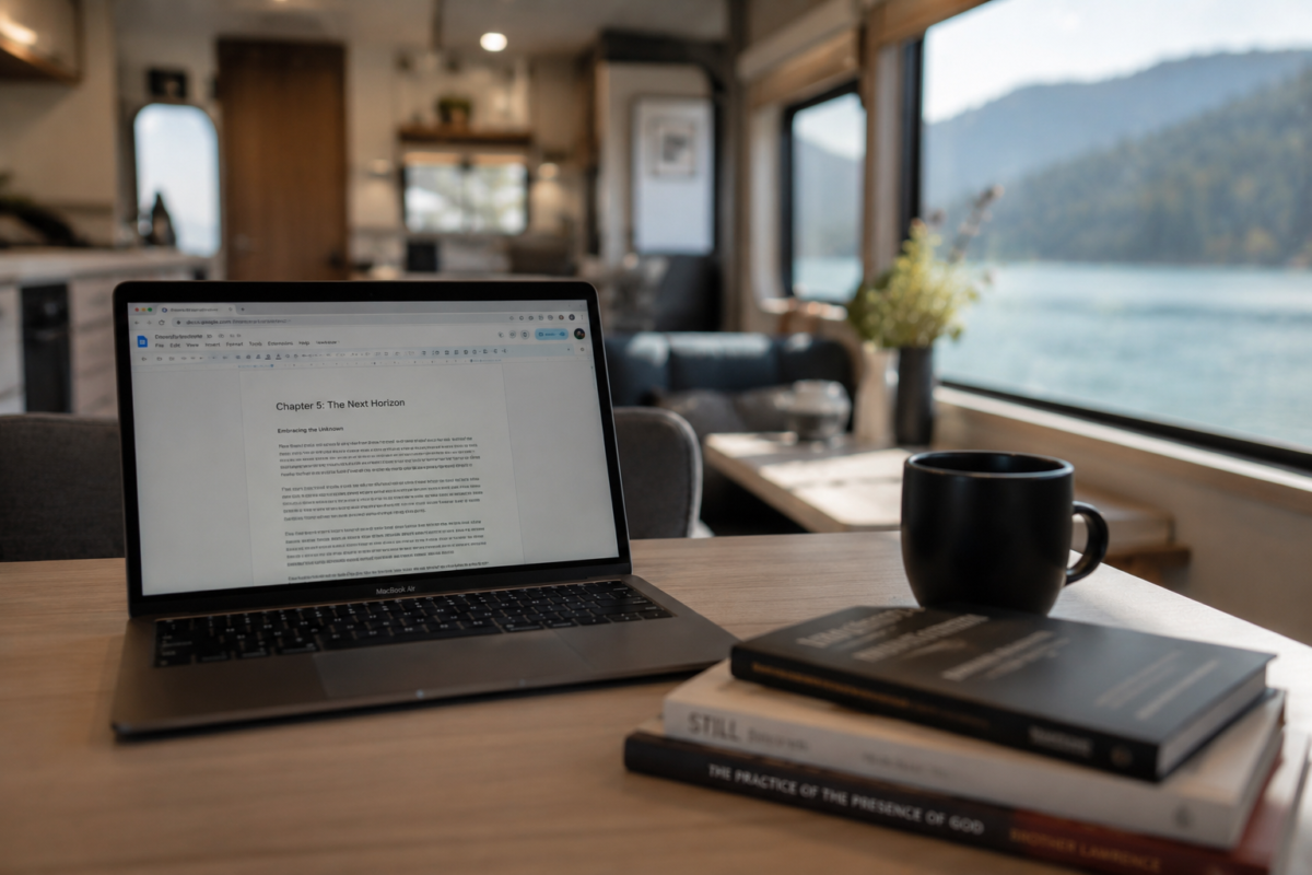 A Laptop And Coffee On A Desk Inside A Fifth-Wheel Rv, Mapping Out The Practical Career Steps To Reinvent Life Over 40.