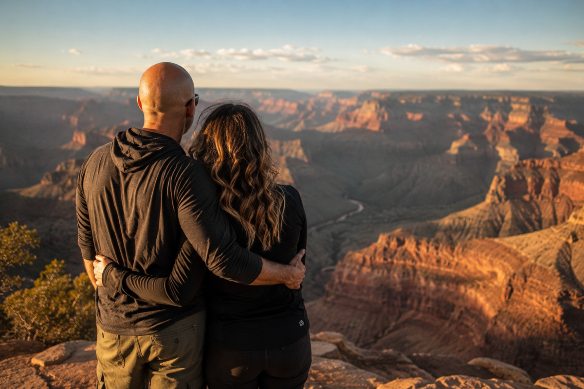 D And J Looking Out Over A Desert Canyon, Taking The Next Real Step Together To Reinvent Life Over 40.