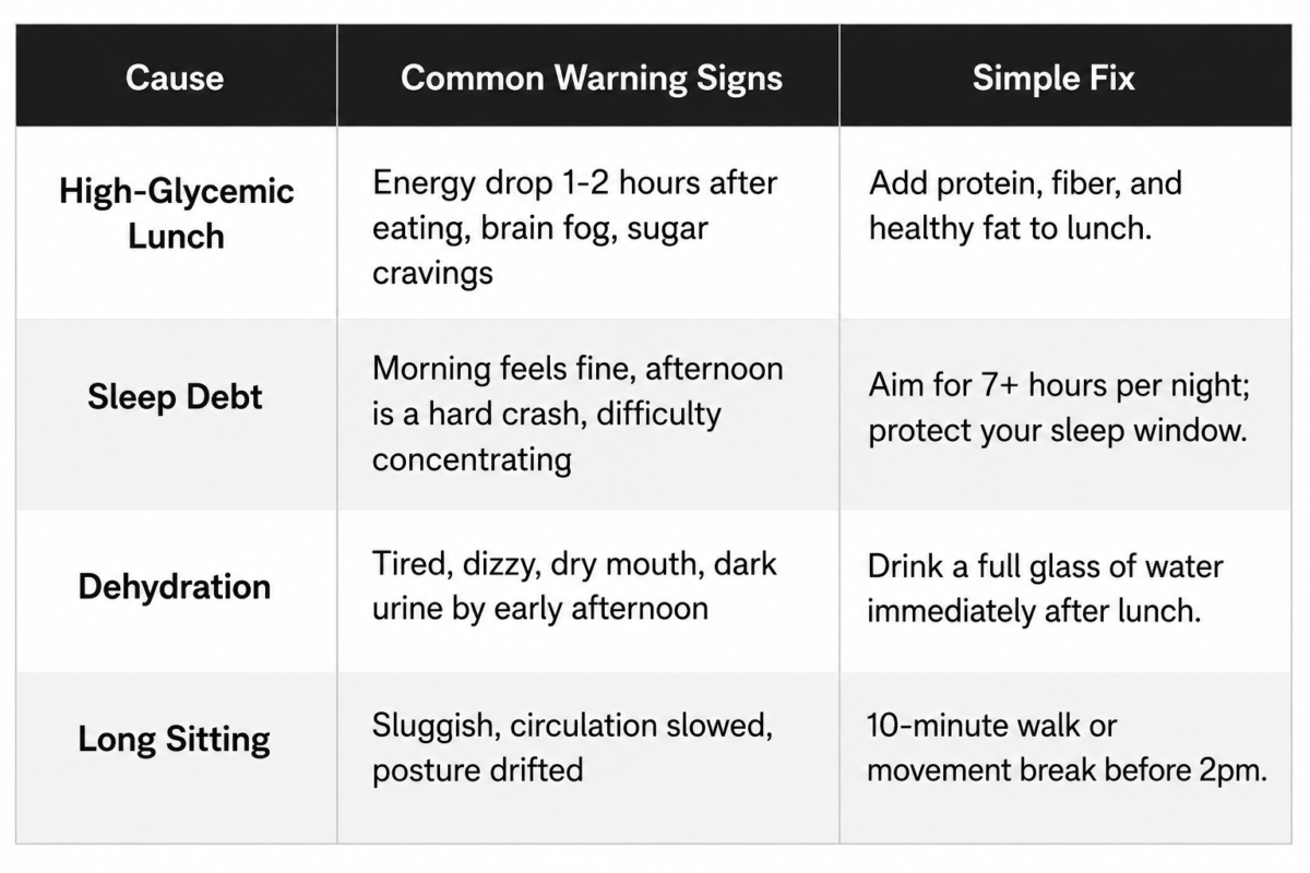 3Pm Energy Crash After 40 2 Table Of Afternoon 3Pm Energy Crash Causes, Warning Signs, And Simple Fixes For Midlife Adults.