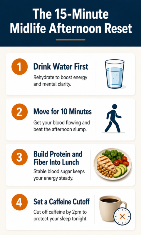 3Pm Energy Crash After 40 3 Infographic Showing The 4-Step 15-Minute Midlife Afternoon Energy Reset.