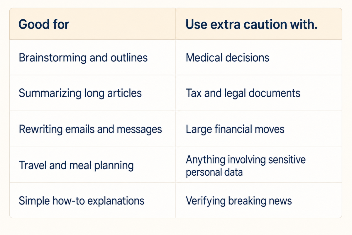Table Comparing Good Uses For Ai Versus Situations That Need Extra Caution For Ai Beginners Over 50