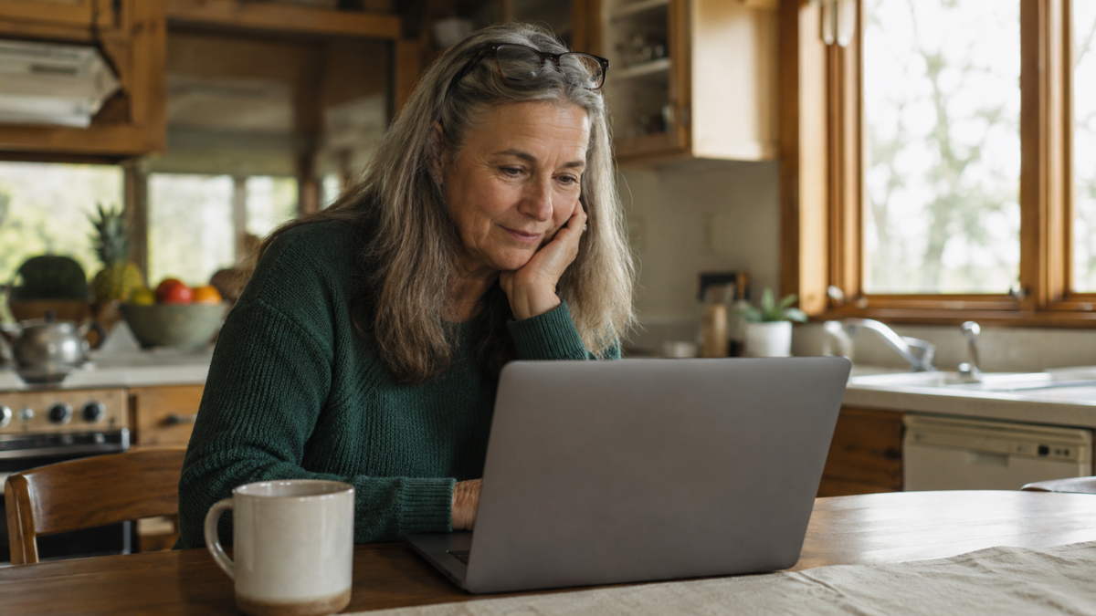Adult Over 50 Using Ai For Beginners Over 50 On A Laptop At A Kitchen Table