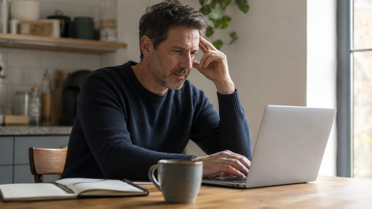 Adult At A Kitchen Table Using A Laptop To Plan Ai For Financial Independence