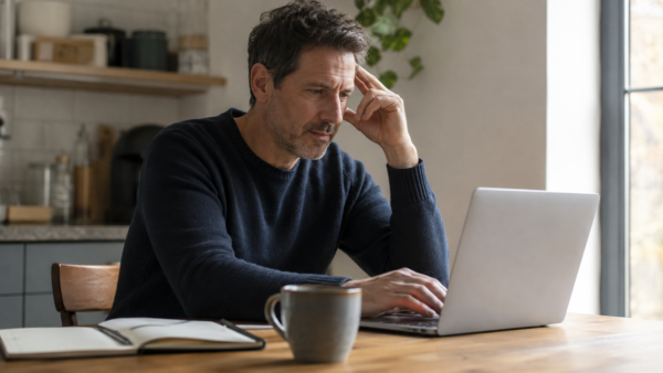 Adult At A Kitchen Table Using A Laptop To Plan Ai For Financial Independence