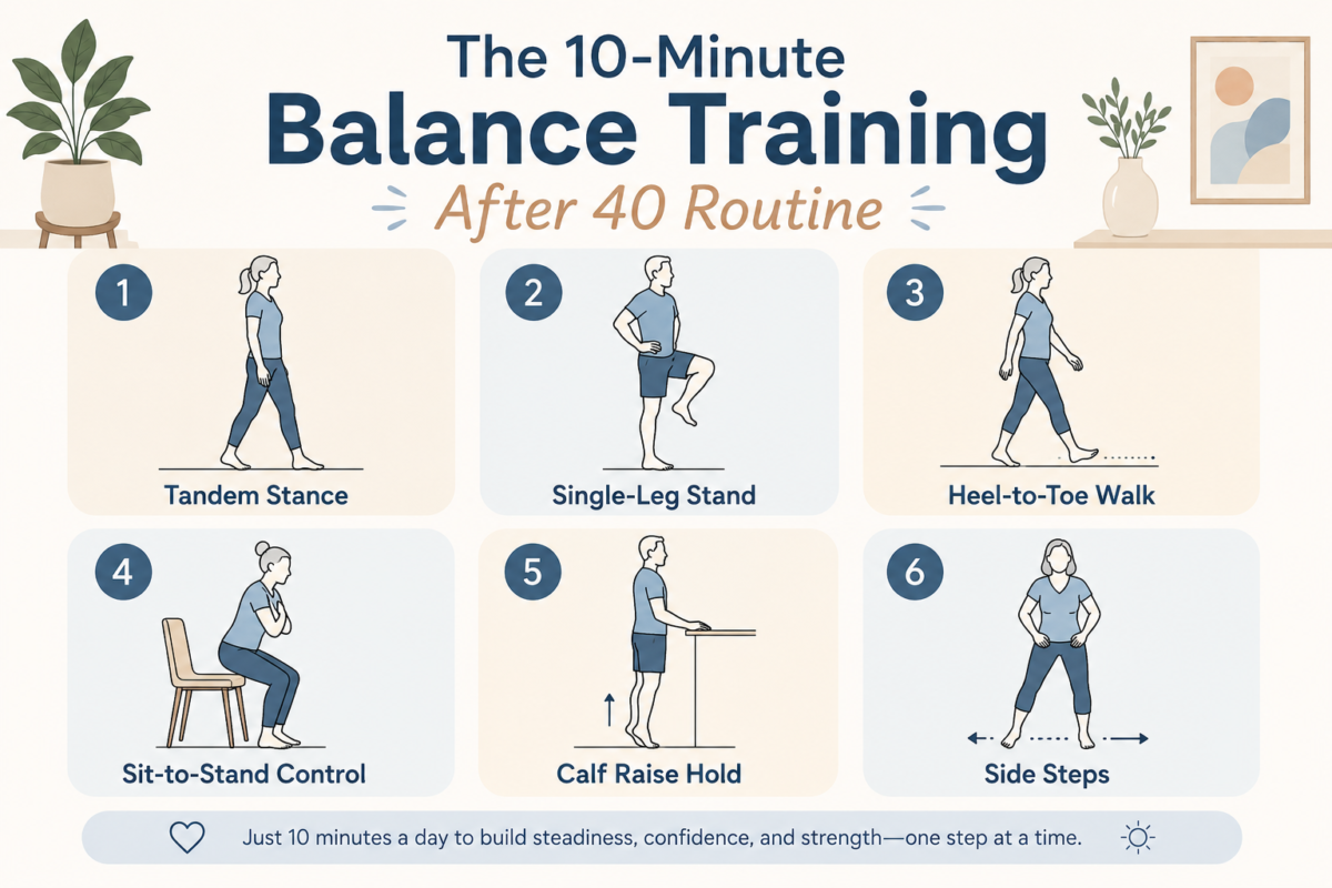 Balance Training After 40 2 Infographic Showing A 10-Minute Beginner Balance Routine With Six Simple Moves. Balance Training After 40.