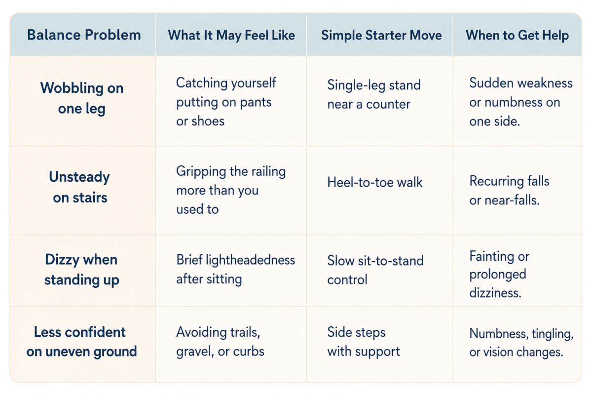 Balance Training After 40 3 Table Comparing Common Balance Problems After 40 To Simple Starter Moves And When To See A Doctor