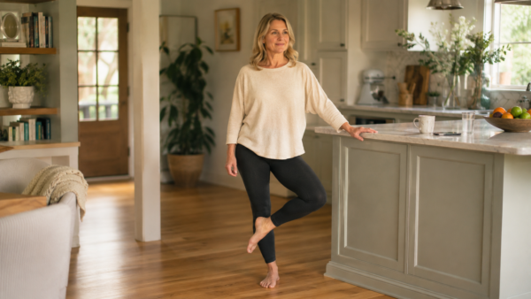 Midlife Adult Practicing Balance Training After 40 With A Single-Leg Stand Near A Kitchen Counter