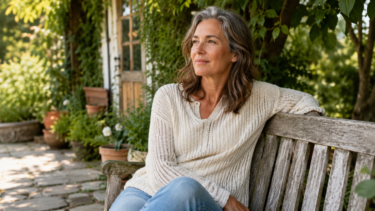 Person Finding Purpose After 50 Sitting Outdoors In Natural Light With A Thoughtful Expression