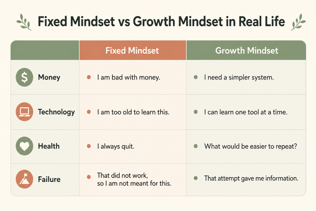 Comparison Table Showing Fixed Mindset Vs Growth Mindset Examples For Money, Technology, Health, And Failure.