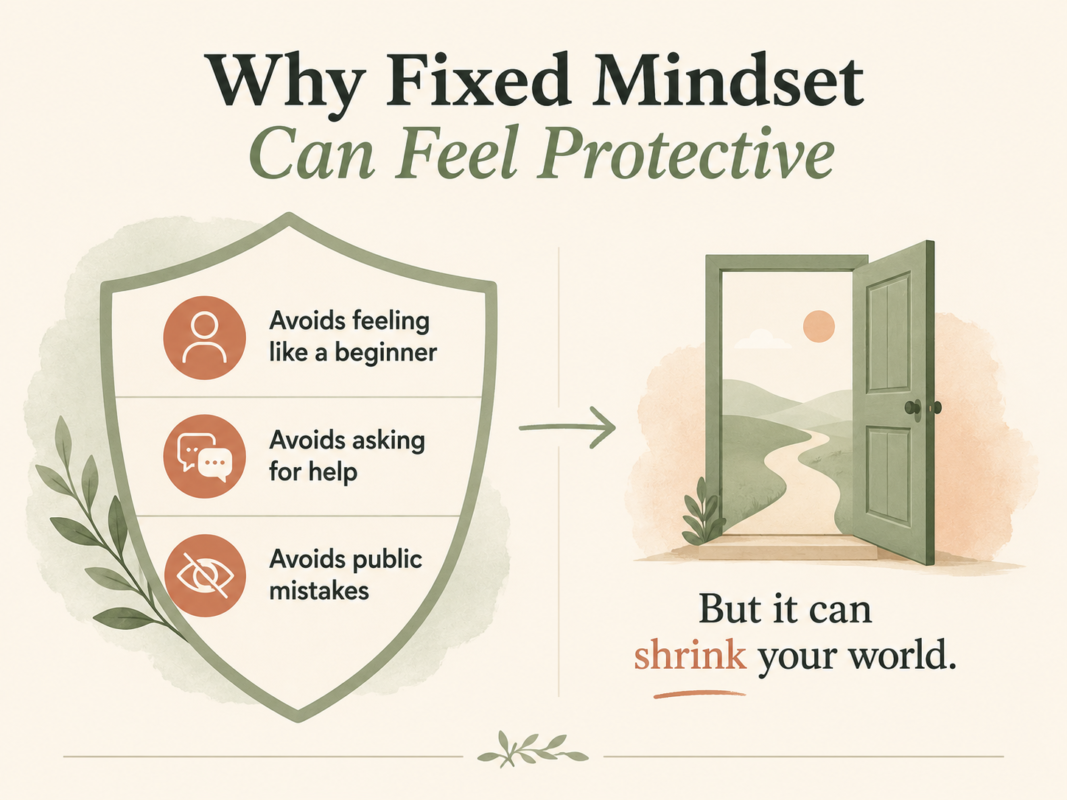Infographic Explaining How A Fixed Mindset Can Feel Protective While Limiting Growth And New Experiences.