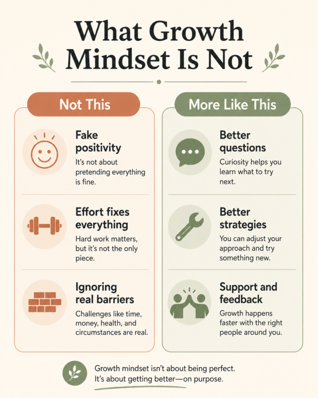 Infographic Clarifying That Growth Mindset Is Not Fake Positivity, But A Practical Way To Ask Better Questions And Adjust Strategy.