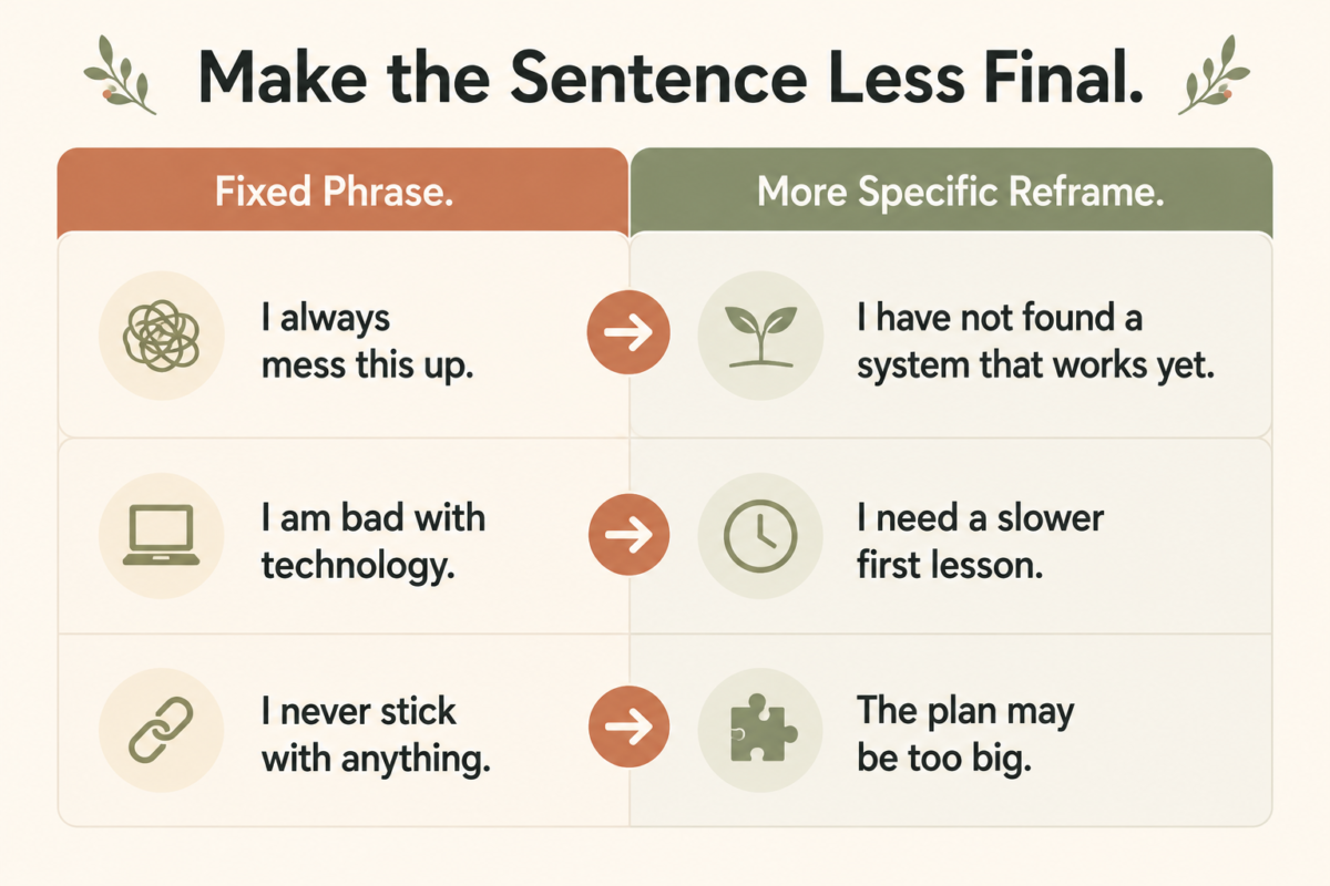 Table Showing How To Reframe Fixed-Mindset Phrases Into More Specific And Workable Statements.