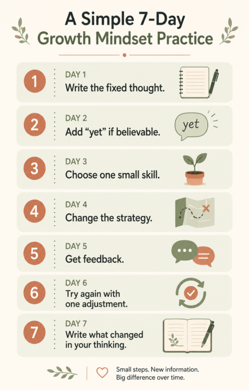 Seven-Day Growth Mindset Practice Showing One Small Action For Each Day Of The Week.
