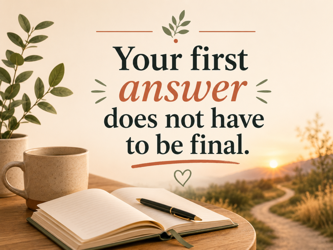 Quote Graphic Reading “Your First Answer Does Not Have To Be Final” With A Calm Notebook And Path Motif.
