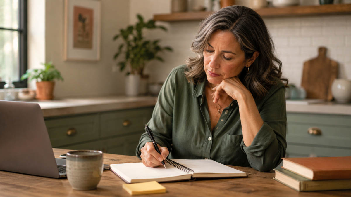 Fixed Mindset Vs Growth Mindset. Midlife Adult Reflecting In A Notebook While Working Through A Mindset Shift At A Quiet Table.