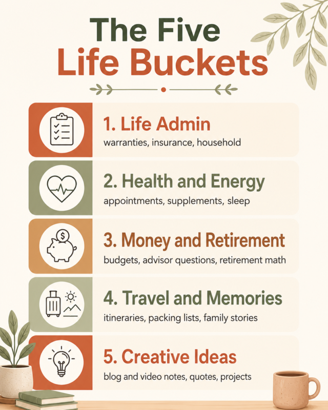 How To Build A Personal Knowledge Base With Ai After 40 2 Infographic Showing The Five Life Buckets For A Personal Knowledge Base After 40: Life Admin, Health And Energy, Money And Retirement, Travel And Memories, And Creative Ideas