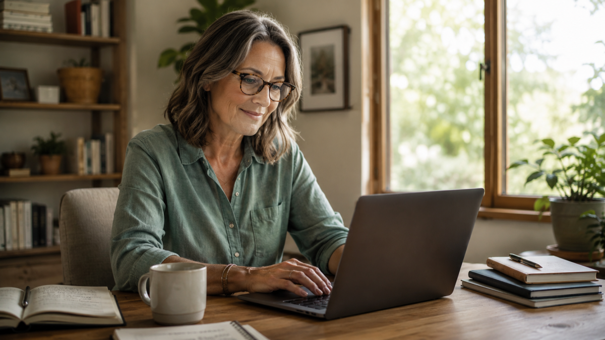 Adult Over 40 Building A Personal Knowledge Base With Ai On A Laptop At A Home Desk