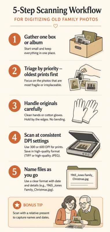 Infographic Showing A 5 Step Scanning Workflow For How To Digitize Old Family Photos One Box At A Time