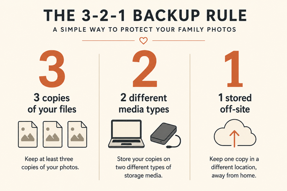 Diagram Illustrating The 3-2-1 Backup Rule For Digitizing Old Family Photos Showing Three Copies Two Media Types One Off-Site