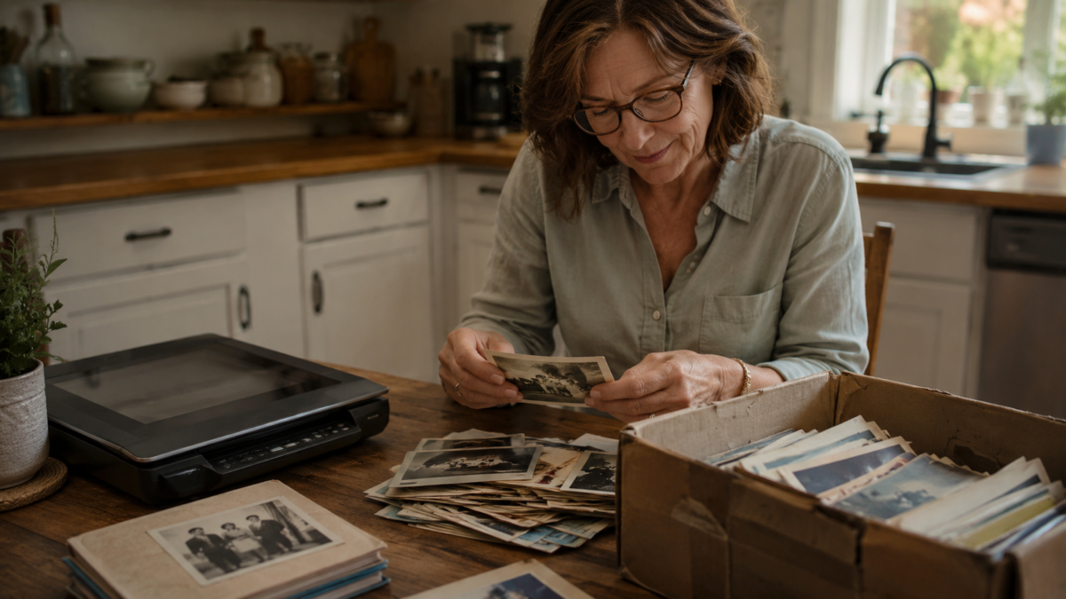 Digitize Old Family Photos At A Kitchen Table Using A Flatbed Scanner With A Box Of Old Prints Nearby