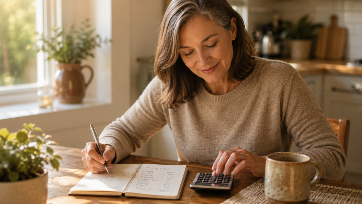 Person At A Kitchen Table With A Notebook And Calculator Working Out Their Freedom Number Financial Independence Calculation