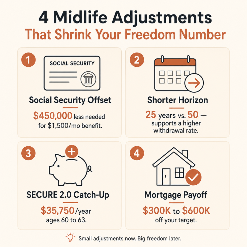 Infographic Showing Four Midlife-Specific Adjustments That Reduce Your Freedom Number Financial Independence Target Including Social Security Offset, Shorter Horizon, Catch-Up Contributions, And Mortgage Payoff
