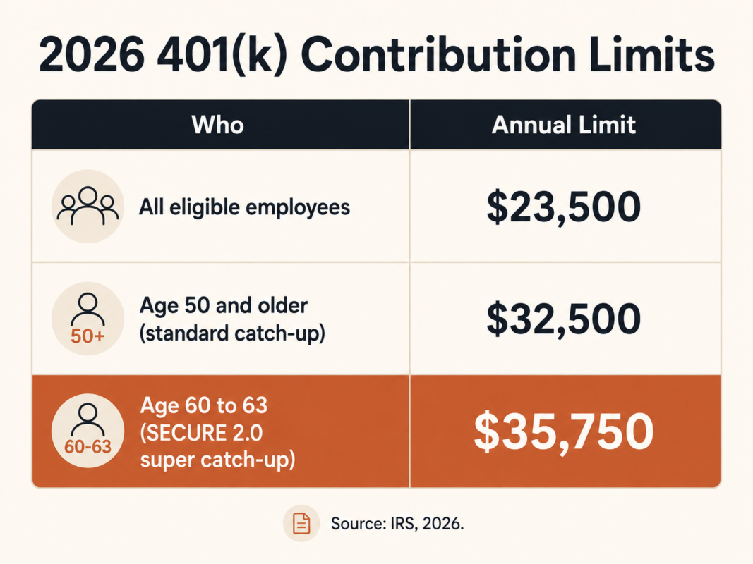 Table Showing 2026 401K Contribution Limits Including Secure 2.0 Catch-Up Amounts For Ages 50 Plus And The Super Catch-Up For Ages 60 To 63