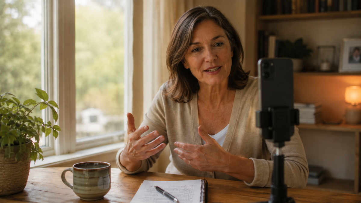 Adult Filming A First Short Video On A Phone With Natural Window Light, Simple Home Setting