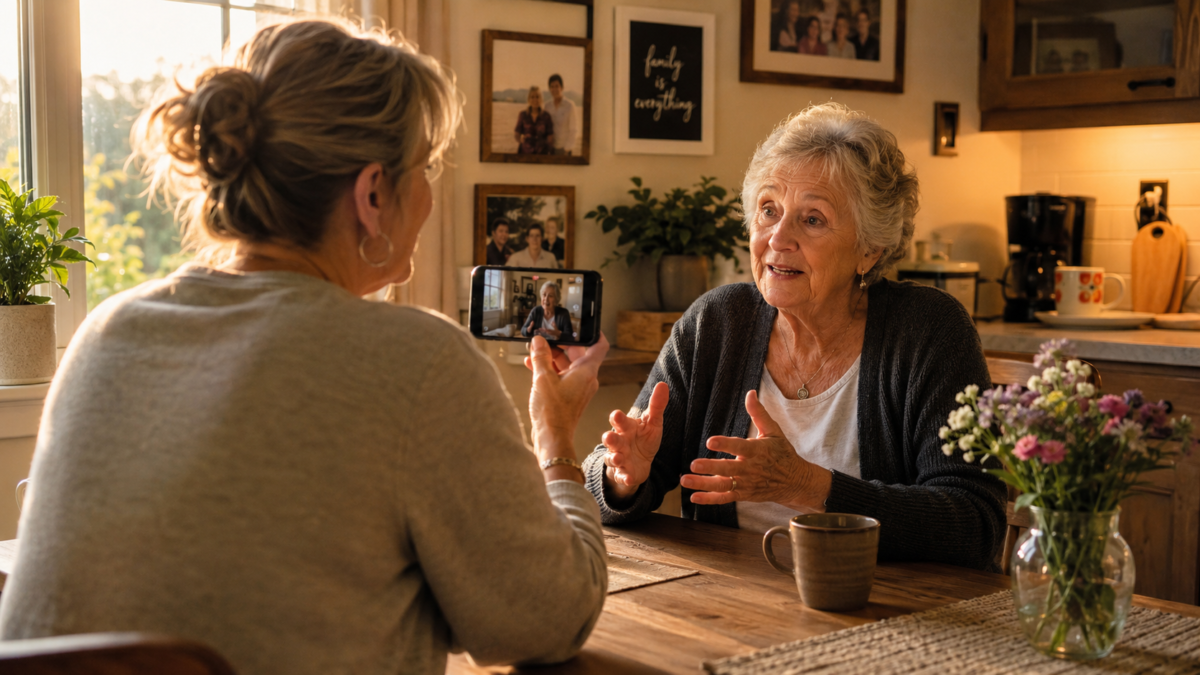 Adult Sitting Across From An Elderly Parent At A Kitchen Table, Recording Their Life Stories In A Warm, Comfortable Home Setting.