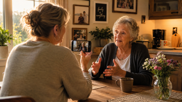 Adult Sitting Across From An Elderly Parent At A Kitchen Table, Recording Their Life Stories In A Warm, Comfortable Home Setting.