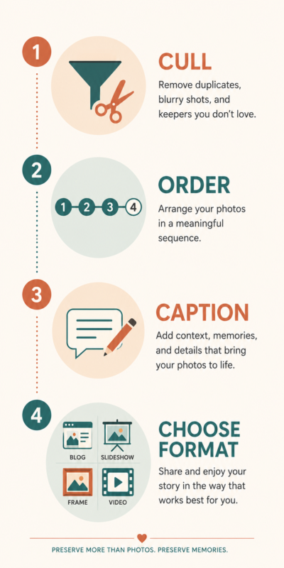 How To Turn Your Travel Photos Into A Story Worth Sharing 3 Infographic Showing The Four-Step Framework Showing How To Turn Your Travel Photos Into A Story: Cull, Order, Caption, Choose A Format