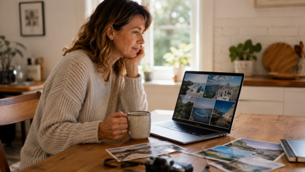 Person Turning Travel Photos Into A Story By Sorting Pictures On A Laptop At Home
