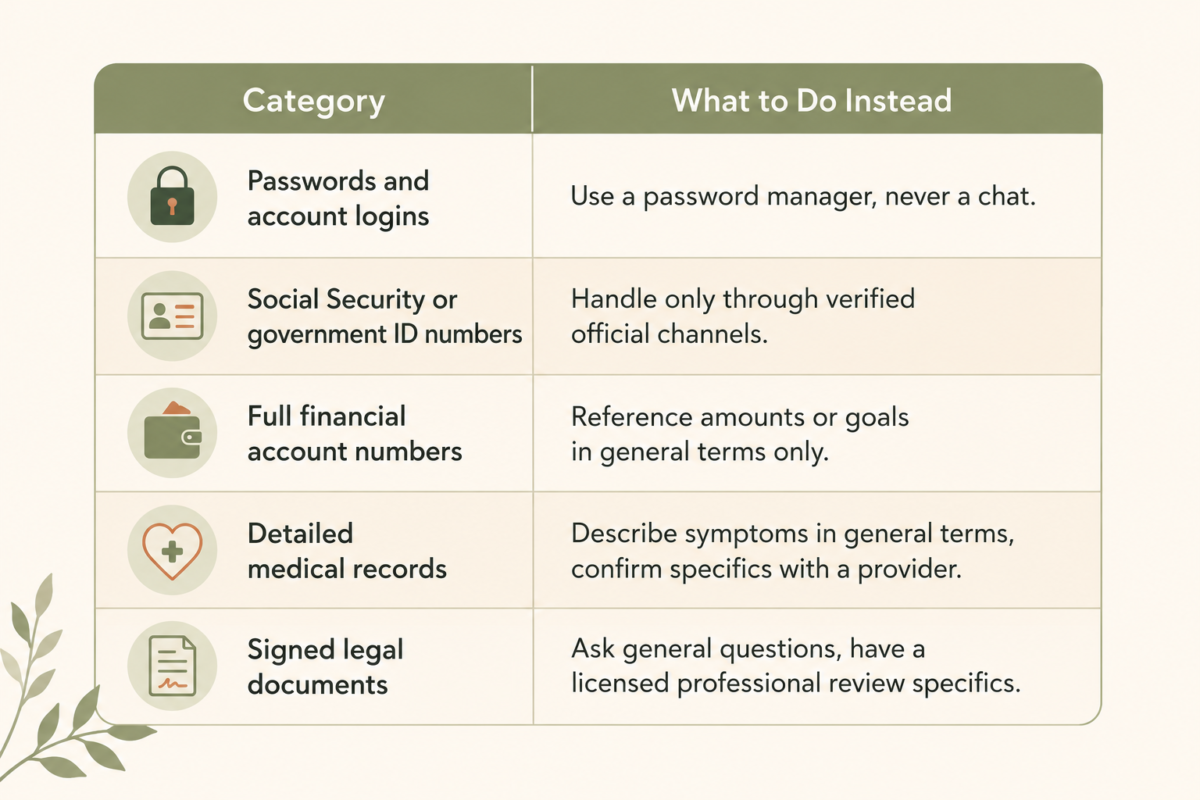 How To Use Chatgpt In Everyday Life 3 Table Comparing What Never Belongs In A Chatgpt Conversation And What To Do Instead.