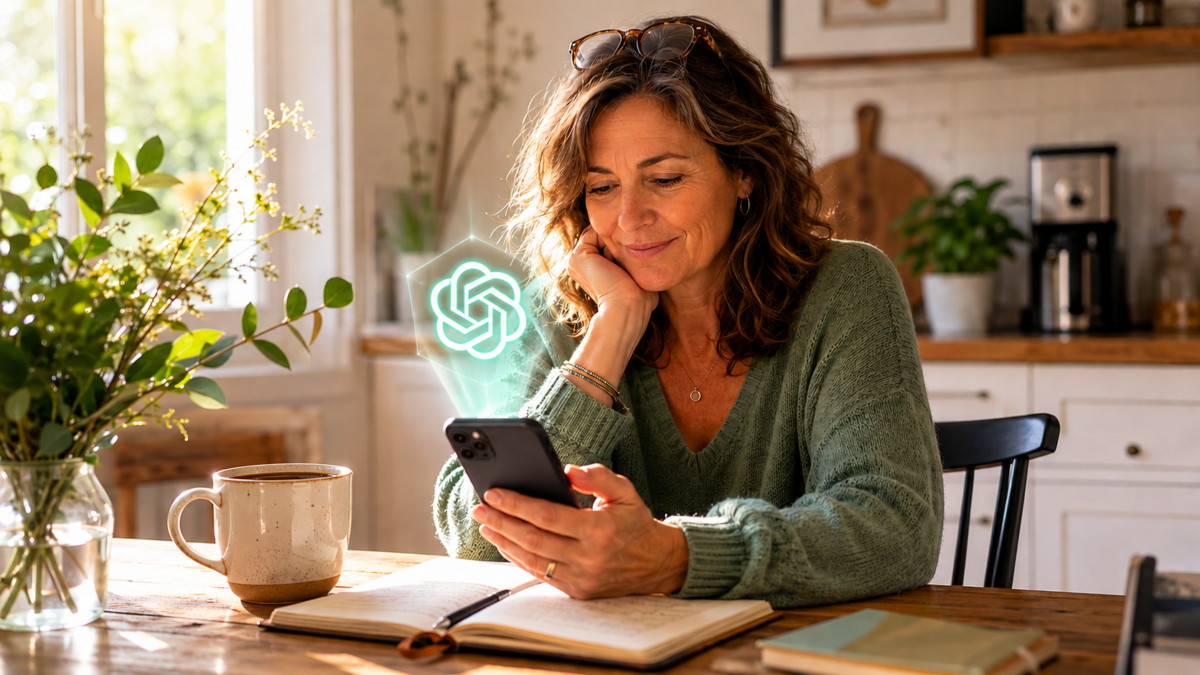 Adult Over 40 Using Chatgpt On A Phone At A Kitchen Table To Learn How To Use Chatgpt In Everyday Life