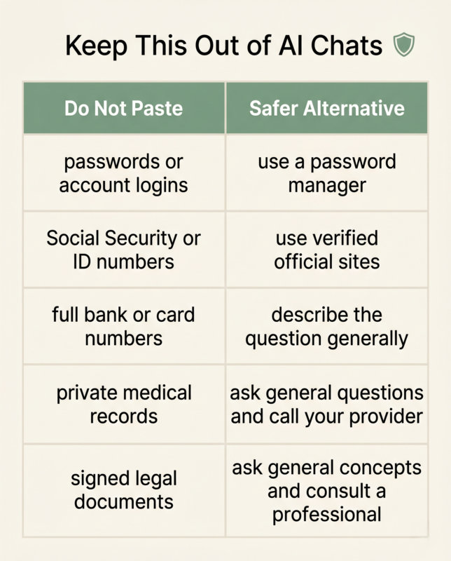 Table Showing What Adults Should Avoid Sharing When Learning Ai