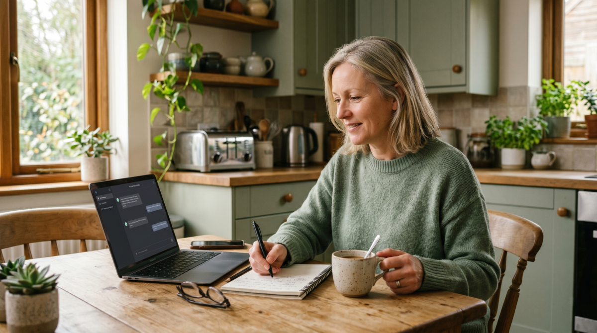 Adult At A Kitchen Table Learning Ai With A Laptop And Notebook For A Beginner Ai Guide