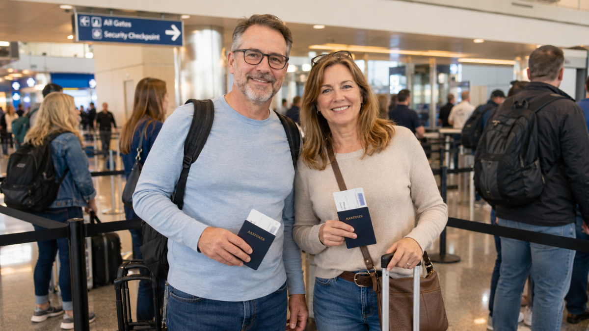 Travelers Waiting In An Airport Security Line