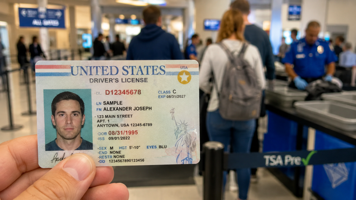 Real Id Driver'S License With Gold Star At A Tsa Checkpoint