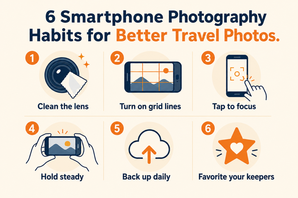 Six Smartphone Photography Tips For Travelers: Clean Lens, Grid Lines, Tap To Focus, Steady Hands, Back Up Daily, Review Favorites