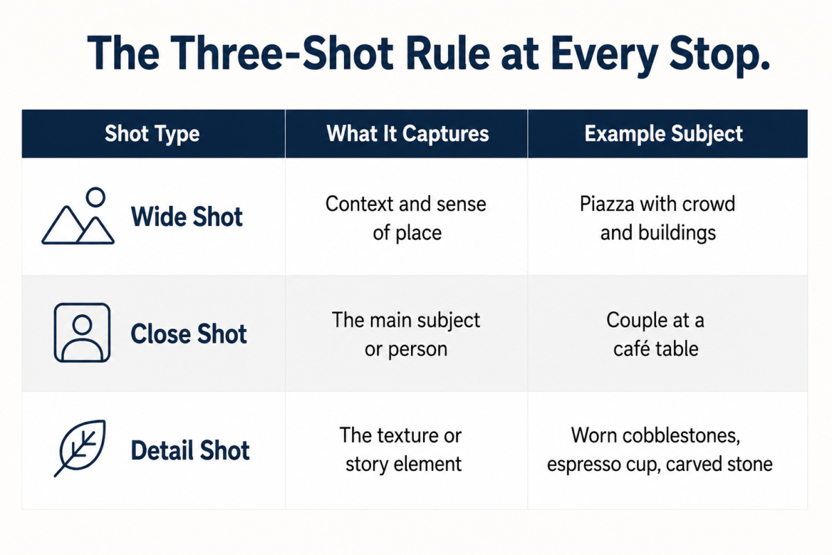 Travel Photo Composition Guide: Three-Shot Approach With Wide, Close, And Detail Shots At Every Location