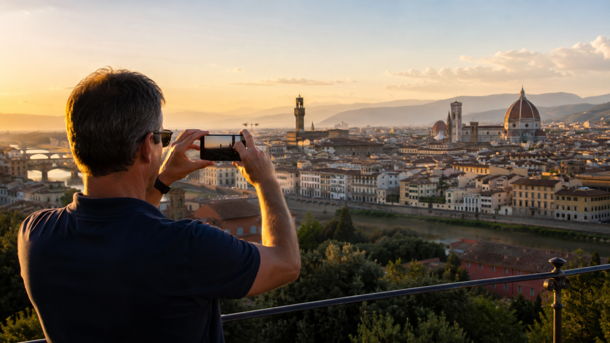 Smartphone Photography Tips In Action: Traveler Over 40 Using A Phone To Photograph A Scenic Landscape