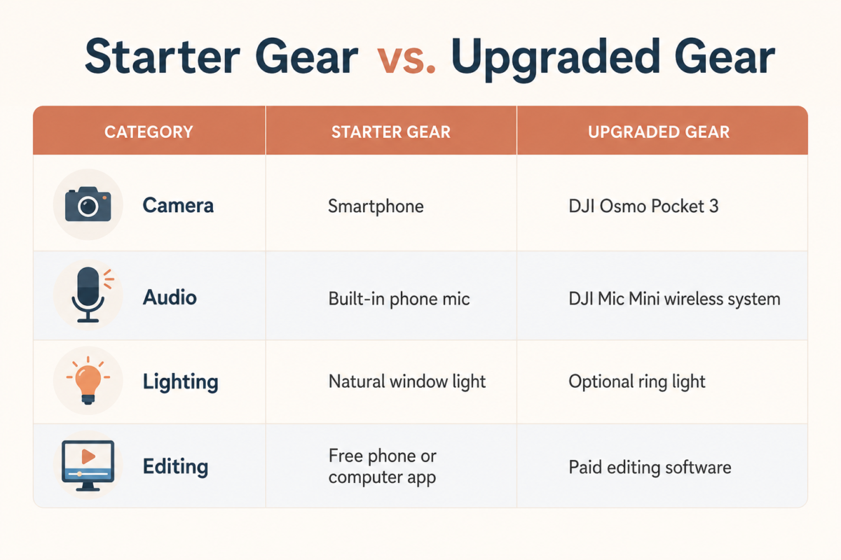 Comparison Table Of Starter Gear Versus Upgraded Gear For Starting A Youtube Channel After 40