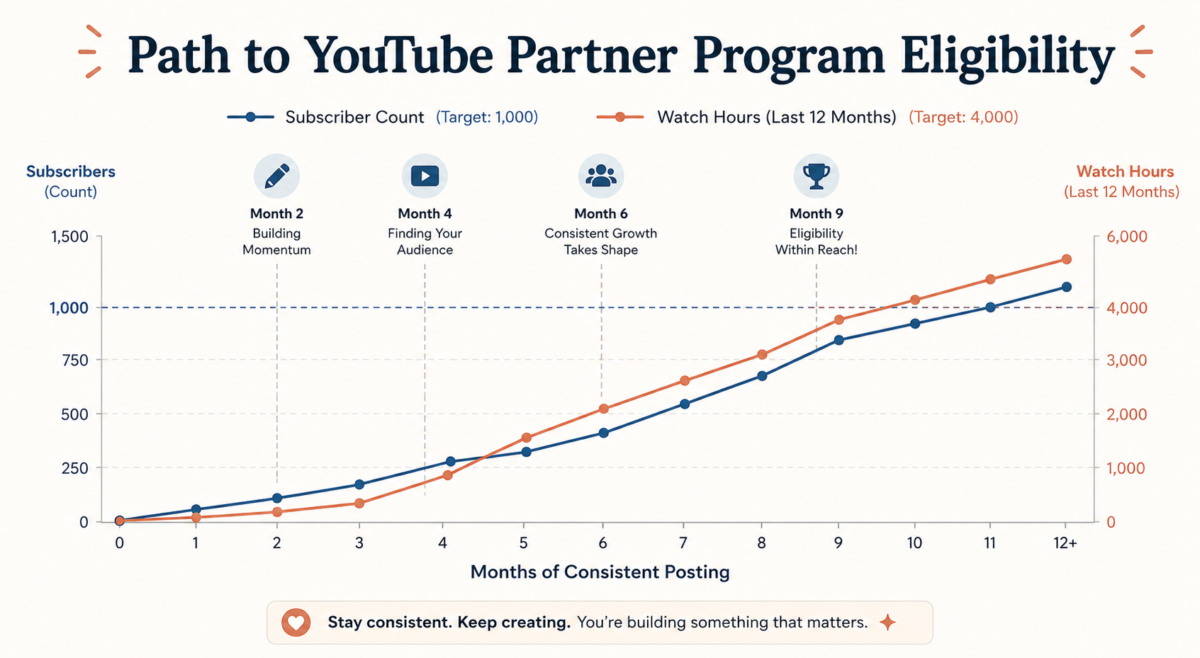 Realistic Timeline Graph Showing The Path To Youtube Partner Program Eligibility After 40