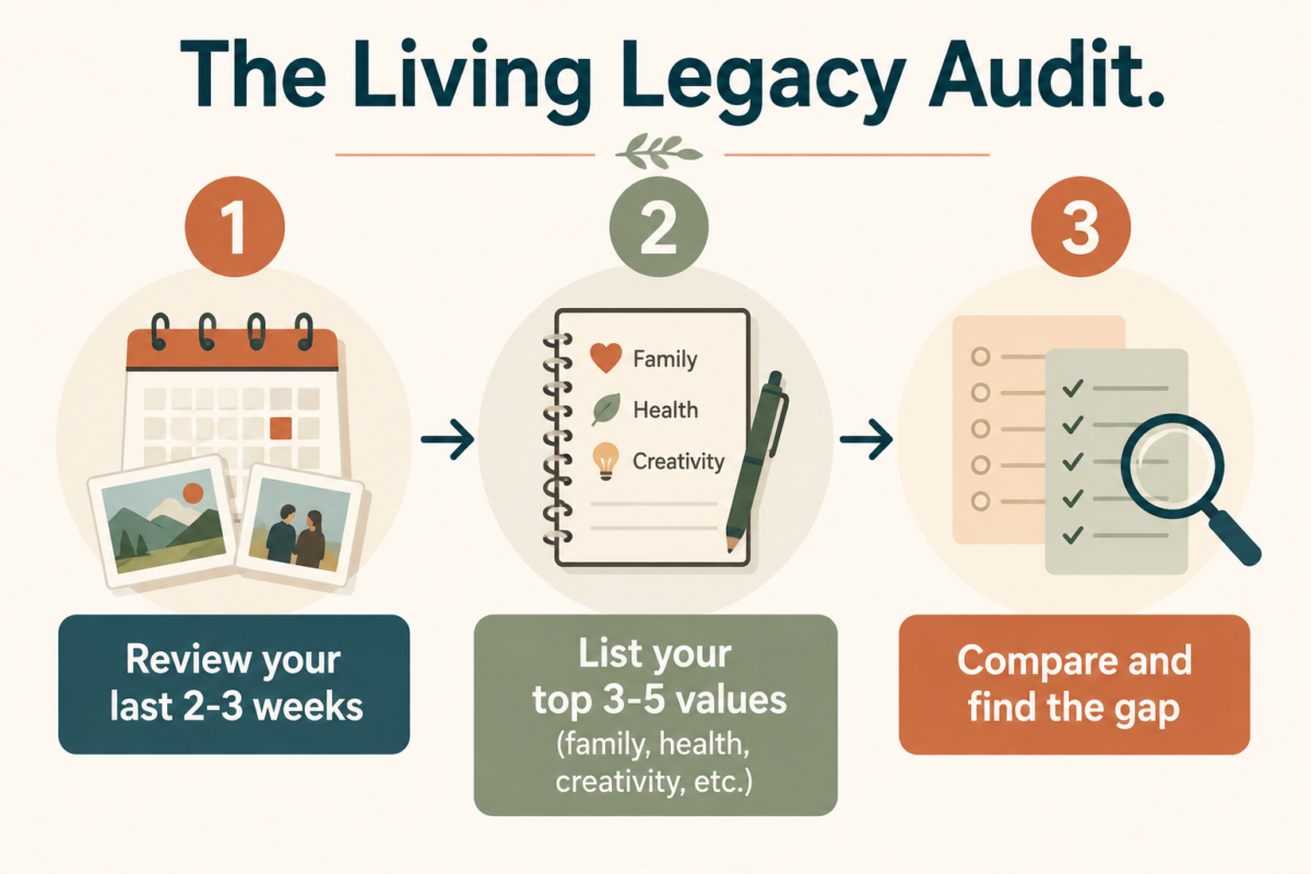 What Kind Of Legacy Are You Creating Right Now 3 Infographic Showing The Three Steps Of The Living Legacy Audit