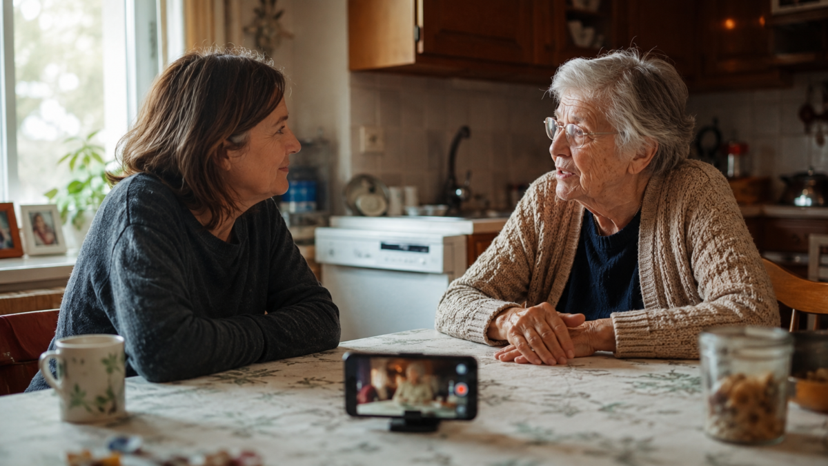 Adult Conducting A Legacy Interview With An Elderly Parent At A Kitchen Table