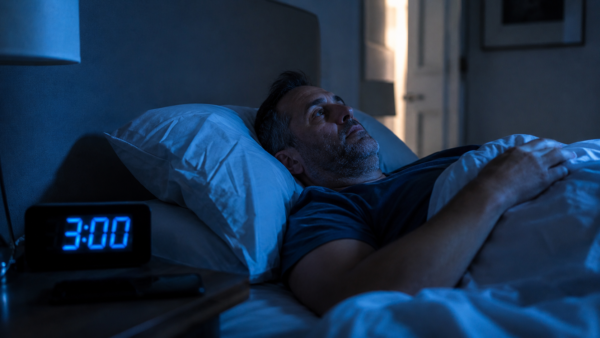 Person Experiencing Midlife Anxiety Lying Awake At 3Am Looking At The Ceiling. Why Midlife Anxiety Hits Harder.