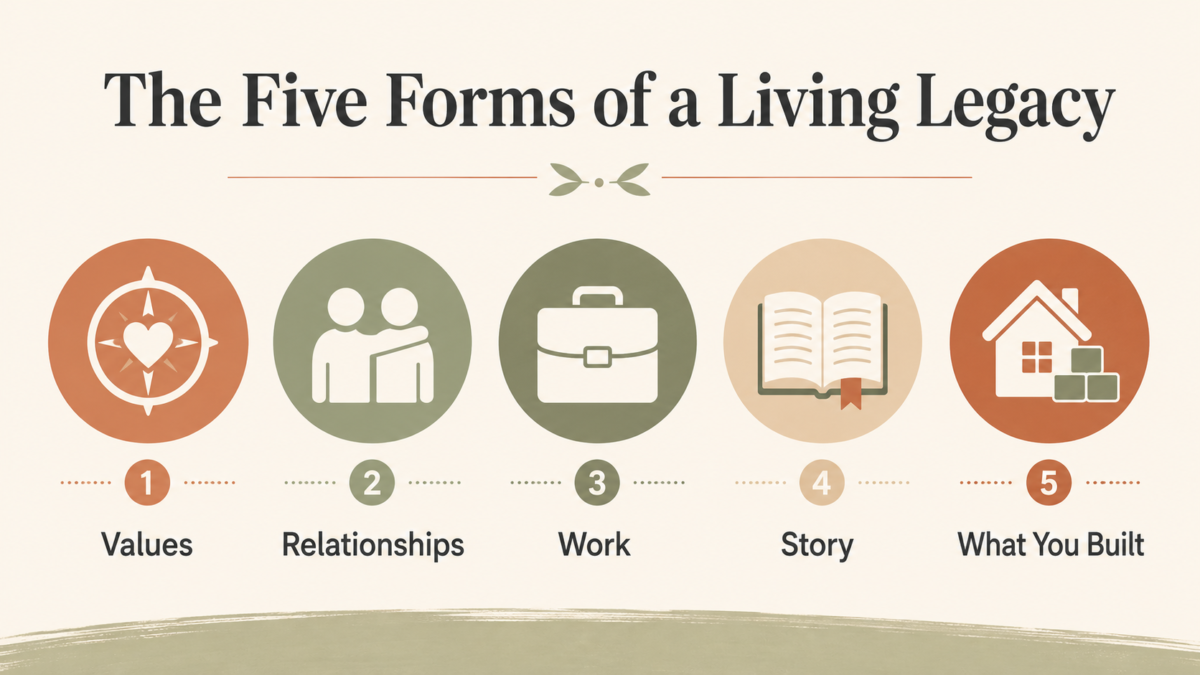 Why Midlife Is The Perfect Time To Think About Legacy 3 Infographic Showing The Five Forms Of A Living Legacy In Midlife: Values, Relationships, Work, Story, And What You Built. Think About Legacy.